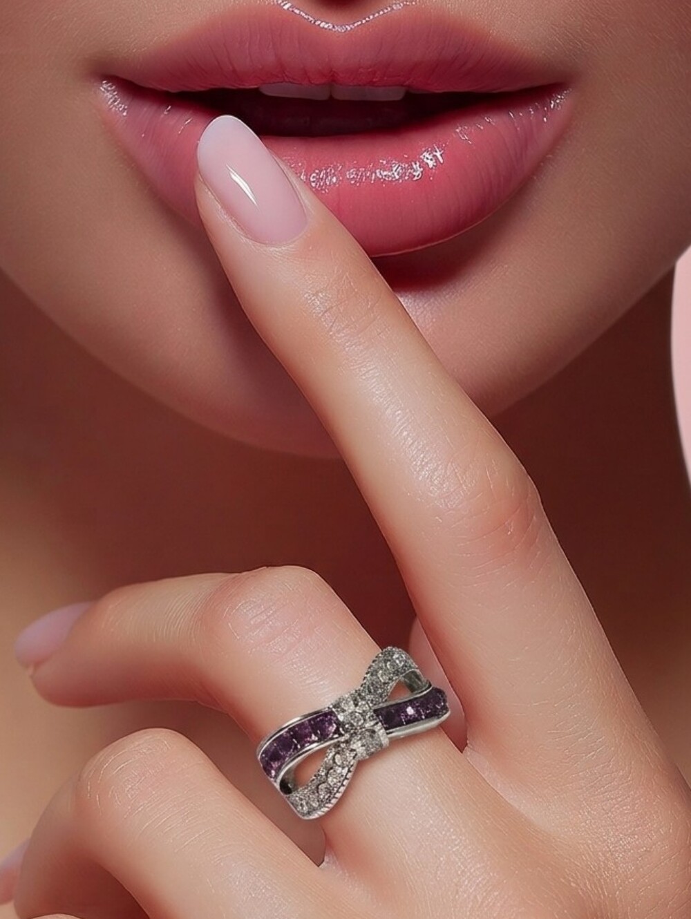Purple Amethyst Bow Sterling Silver Bypass Ring – Coquette Statement Sparkly